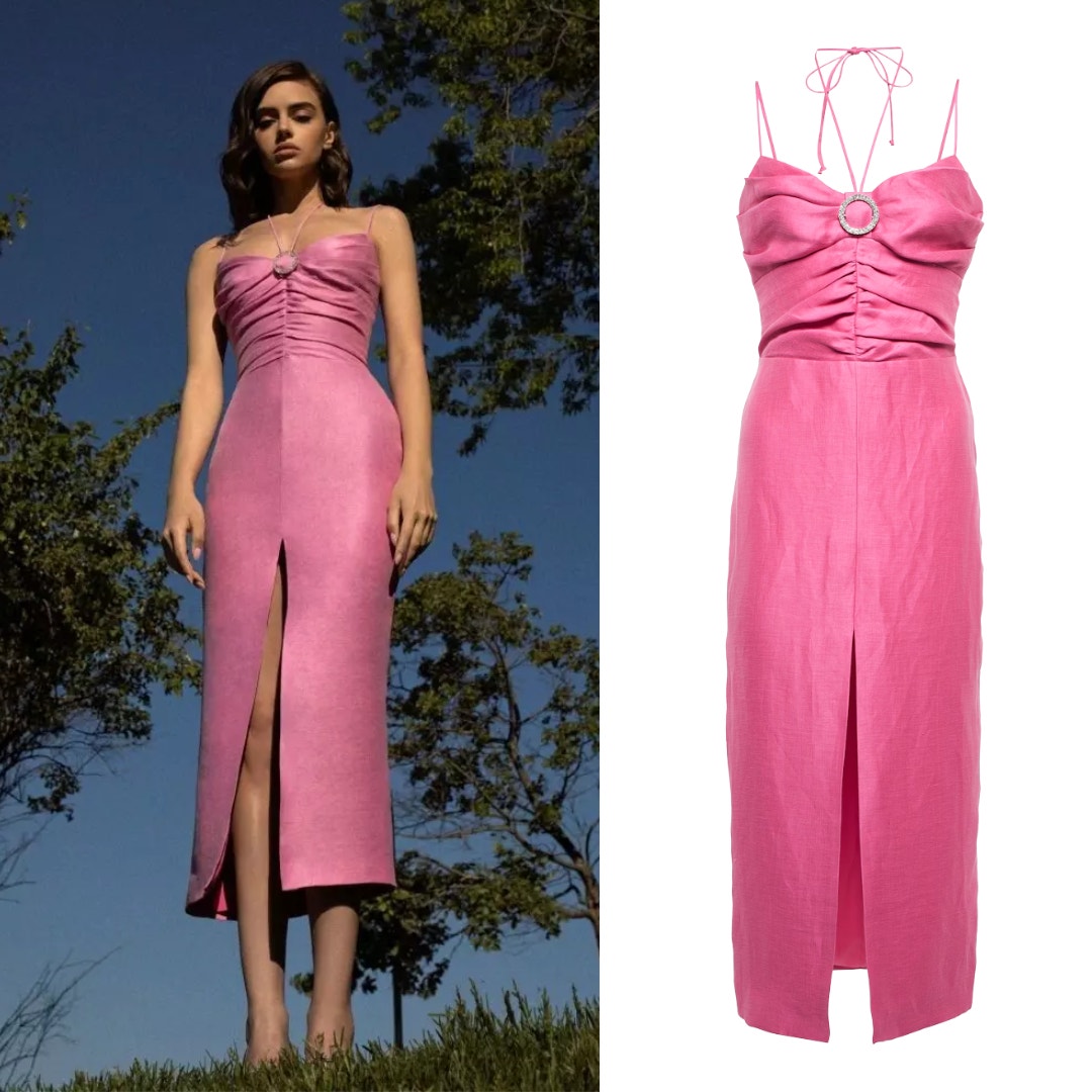New Rasario Dress Pink Linen Crystal Buckle Midi Cocktail Shift Dress Size Us 4 — image 5 of 8